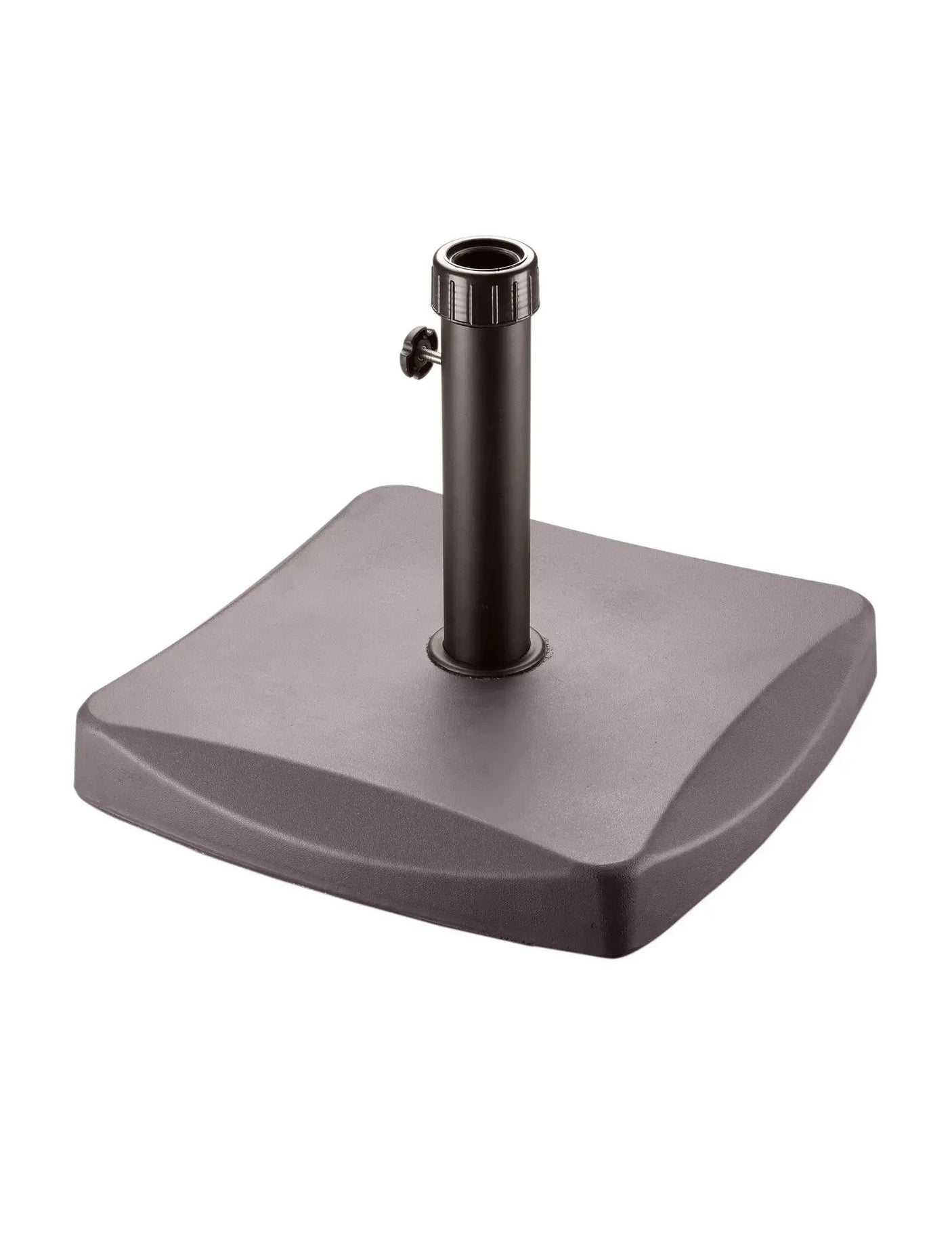 Brown polycrete outdoor parasol base 25kg with square shape and upright pole
