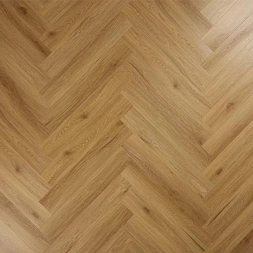 Brushed oak wood flooring in herringbone pattern, close-up of natural wood grain texture