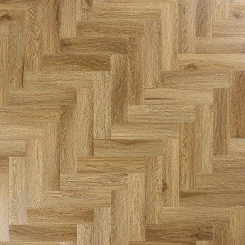 Brushed oak wood flooring in herringbone pattern with natural light brown finish