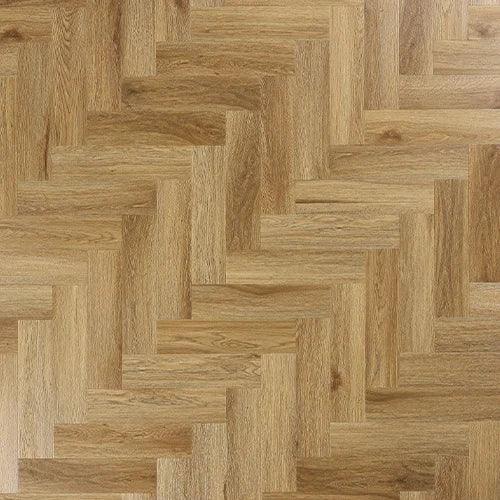 Brushed oak wood flooring in herringbone pattern with natural light brown finish