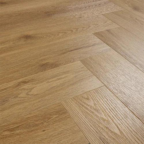 Brushed oak wood flooring in herringbone pattern with natural grain texture