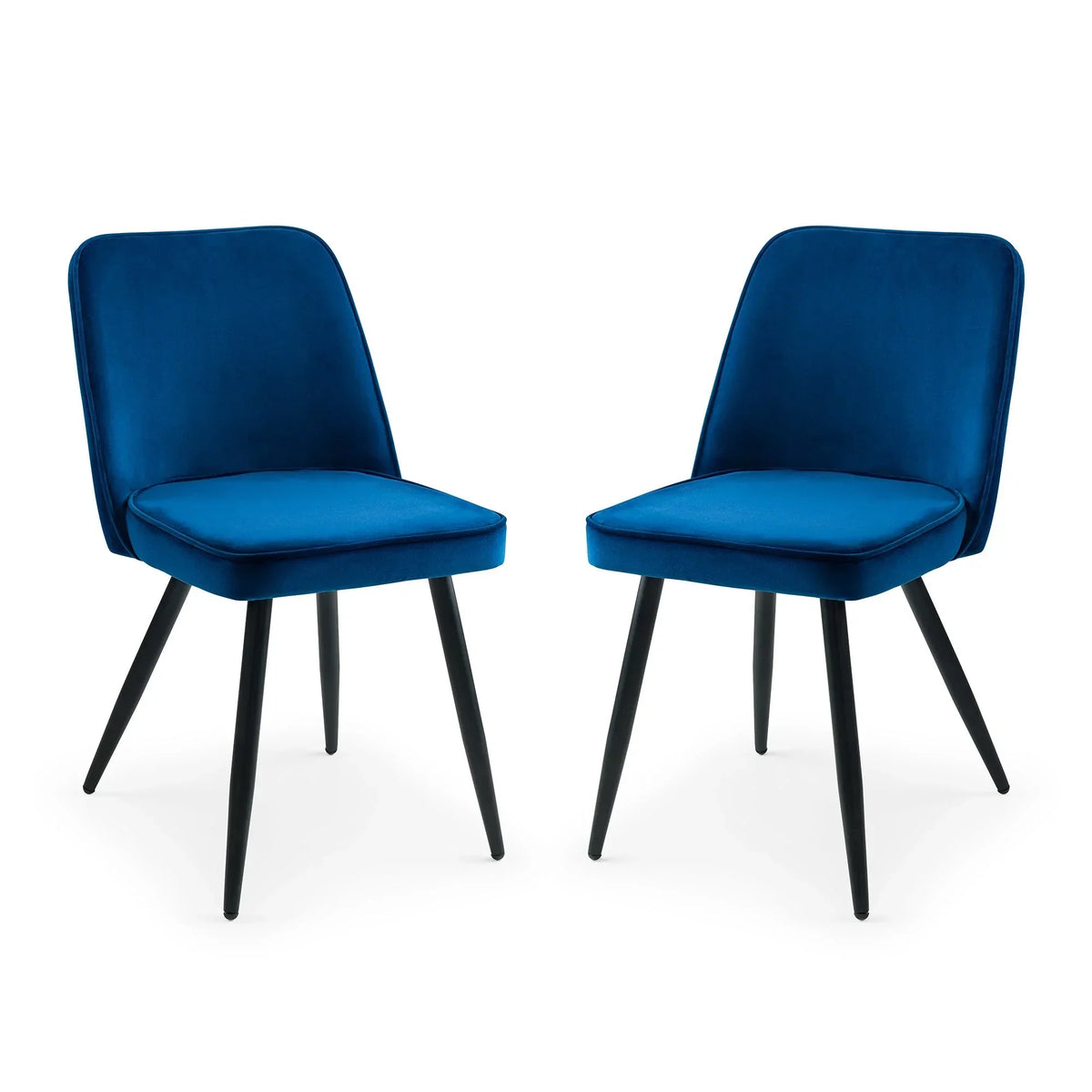 Set of two blue velvet dining chairs with black metal legs on white background