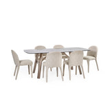 Rectangular dining table with marble top and six beige upholstered dining chairs