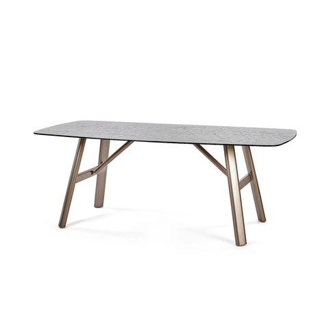 Rectangular glass dining table with metal legs, modern design on white background