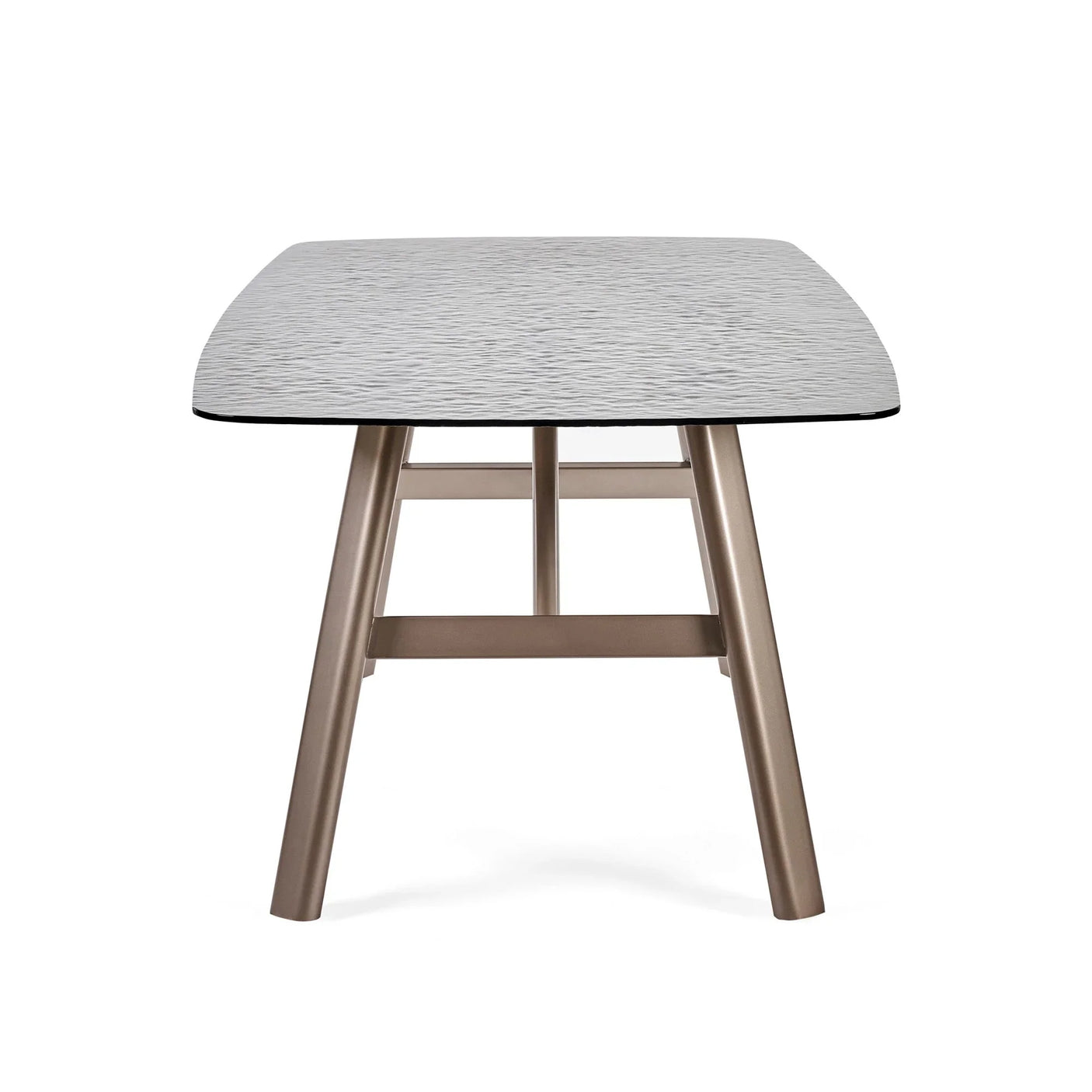 Rectangular dining table with textured light grey top and bronze metal legs, front view