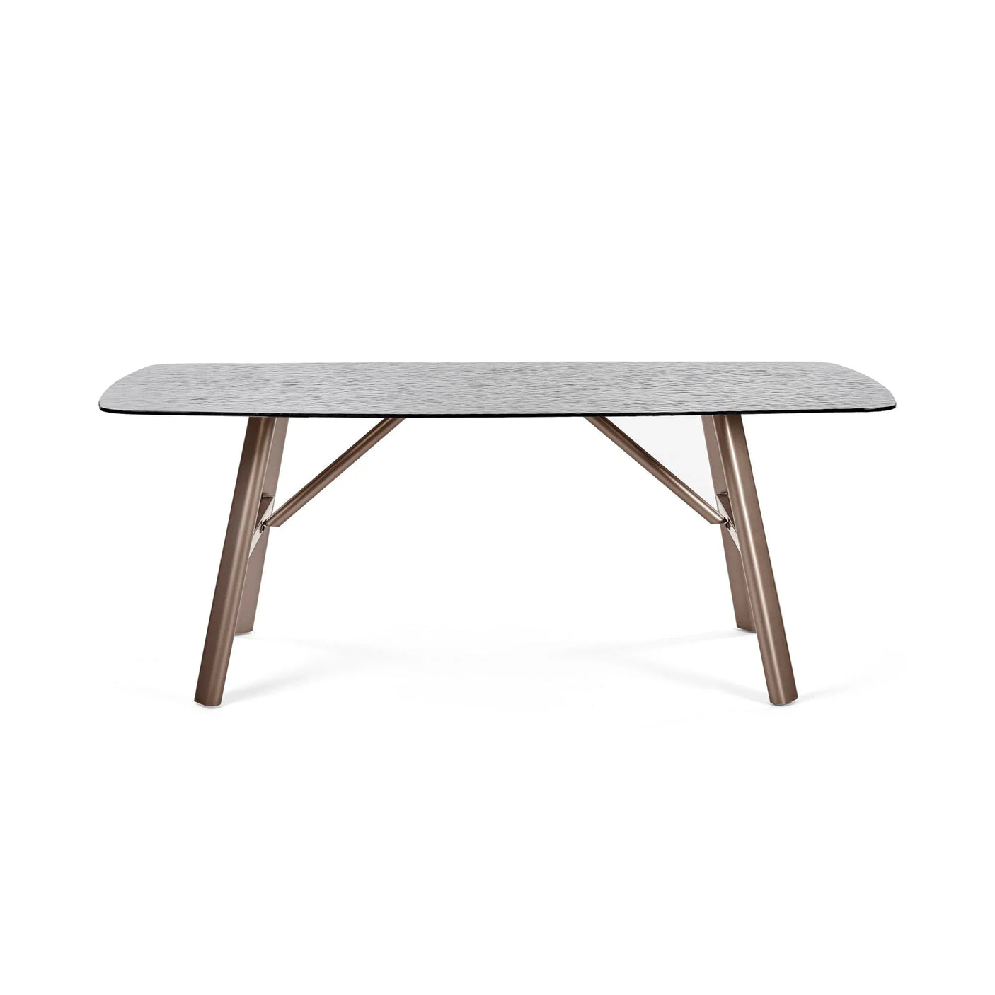 Rectangular glass dining table with metal legs and textured tabletop, front view