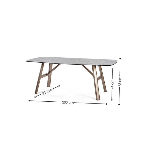 Rectangular dining table with black top, angled metal legs, and dimensions marked