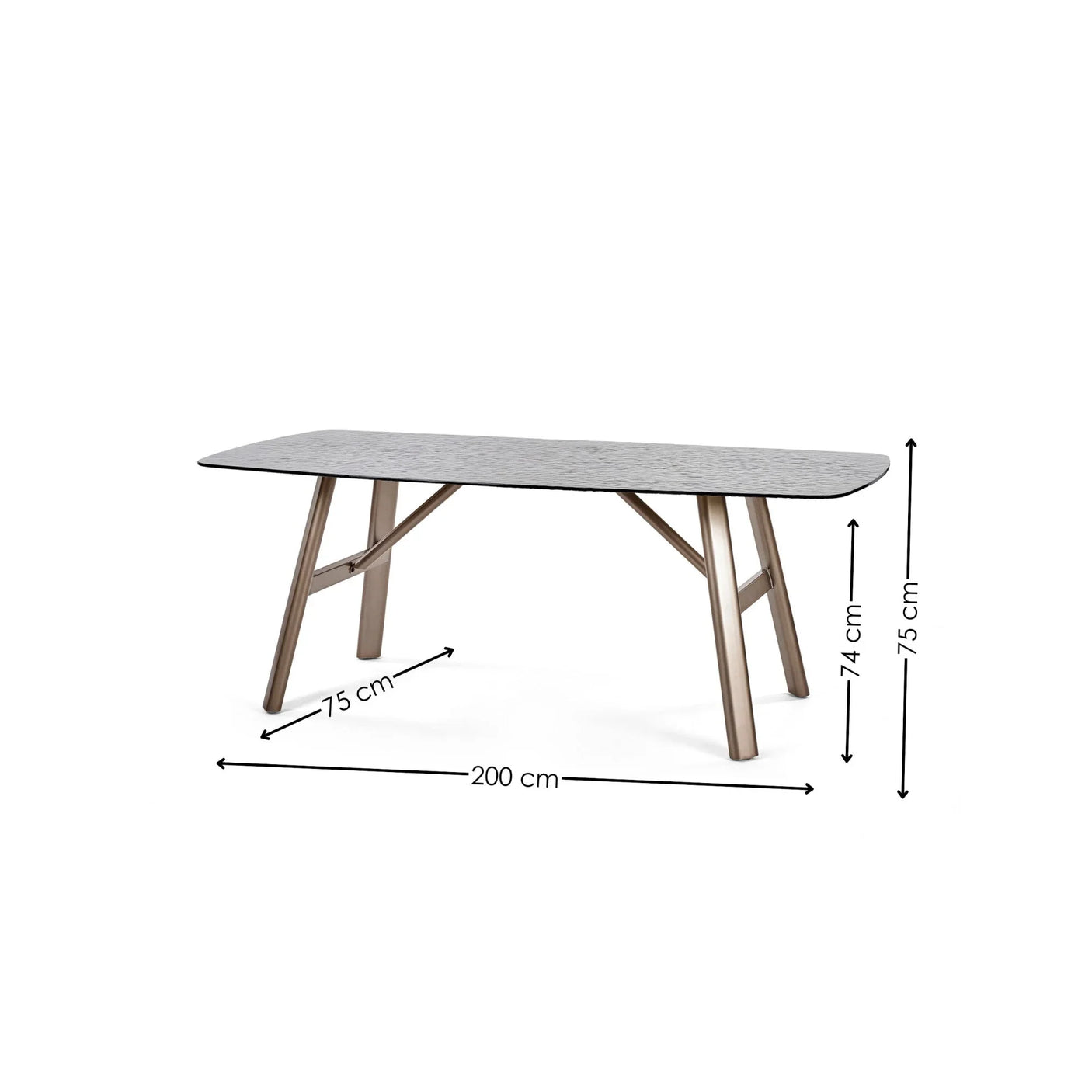 Rectangular dining table with black top, angled metal legs, and dimensions marked