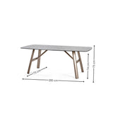 Rectangular dining table with black top, angled metal legs, and dimensions marked