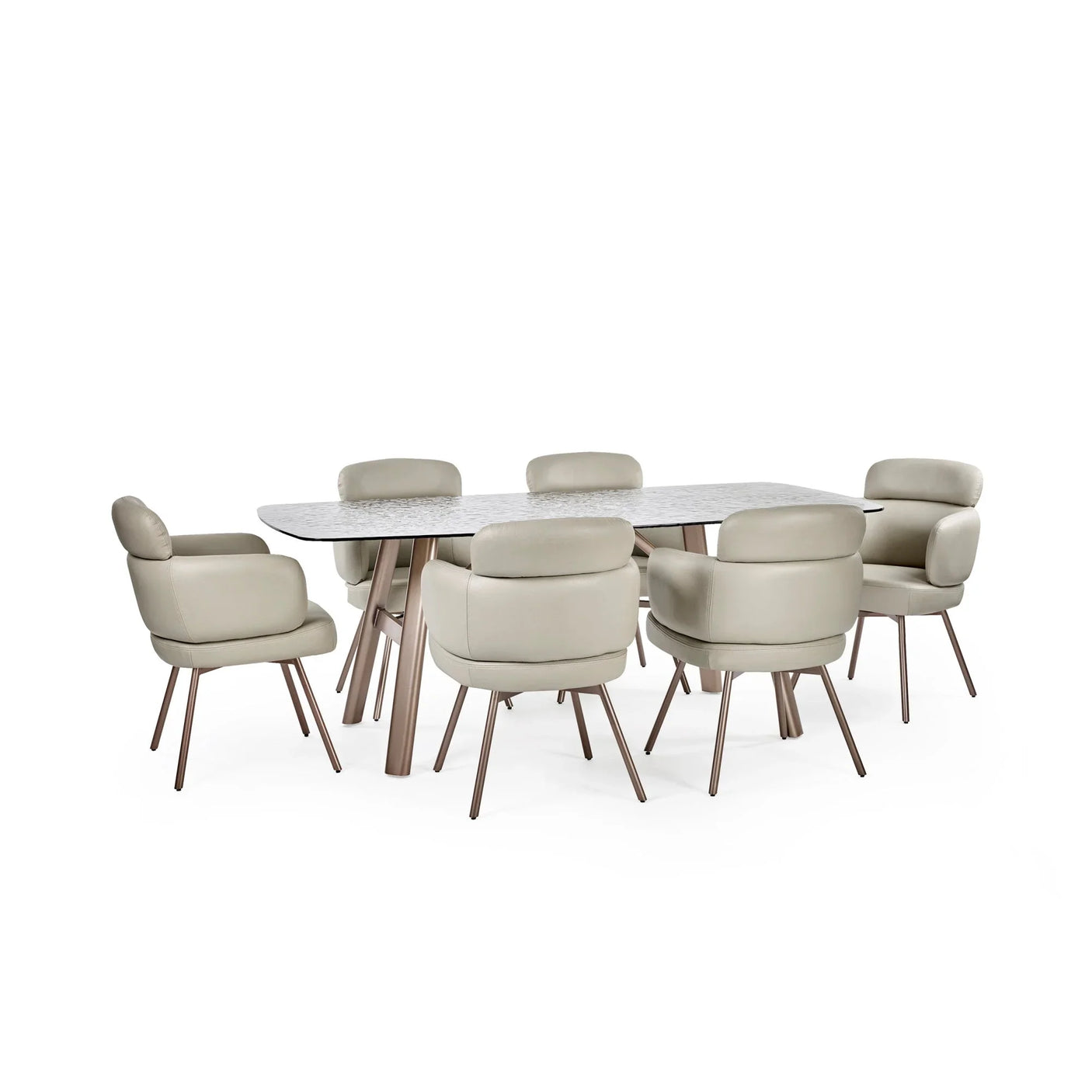 Modern dining table with marble top and six beige upholstered chairs