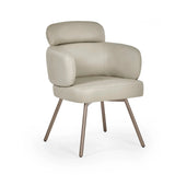 Beige leather accent chair with cushioned backrest and armrests on metal legs