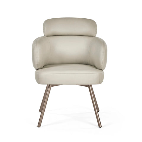Beige leather accent chair with metal legs and padded backrest, front view
