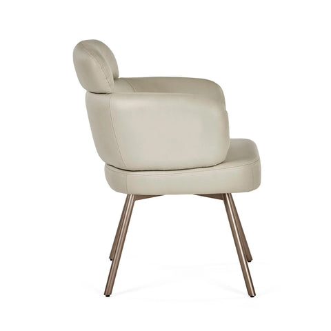 Beige leather accent chair with metal legs, side profile view