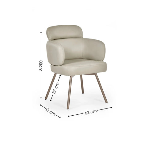 Beige accent chair with padded armrests and metal legs, showing dimensions 88x62x63 cm
