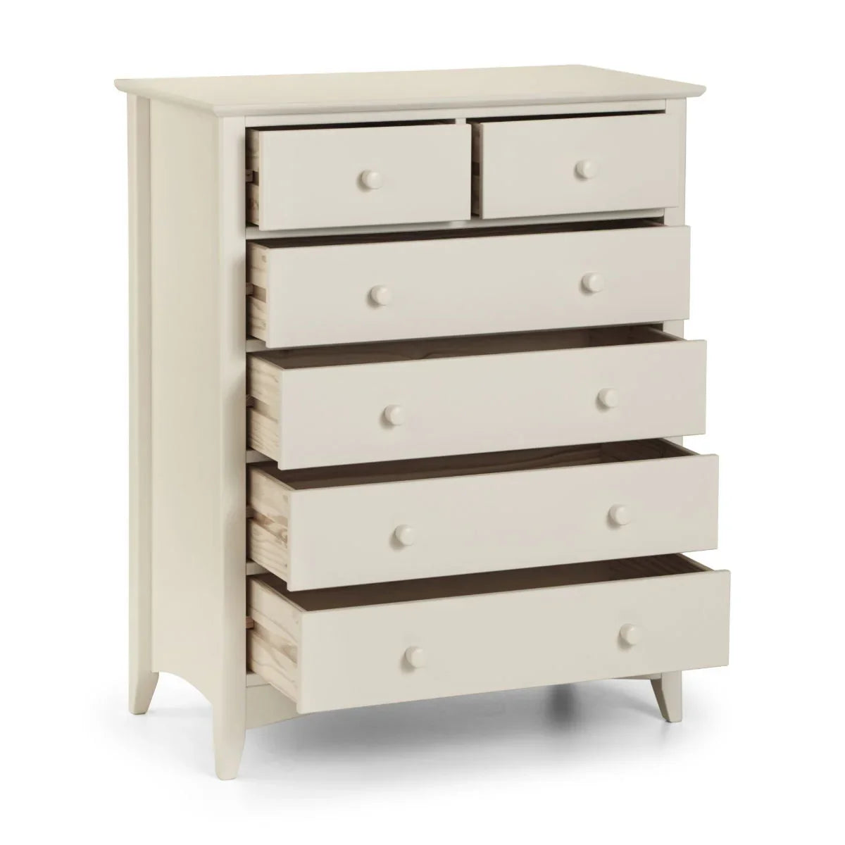 Cream chest of drawers with six drawers partially open, wooden knobs and tapered legs