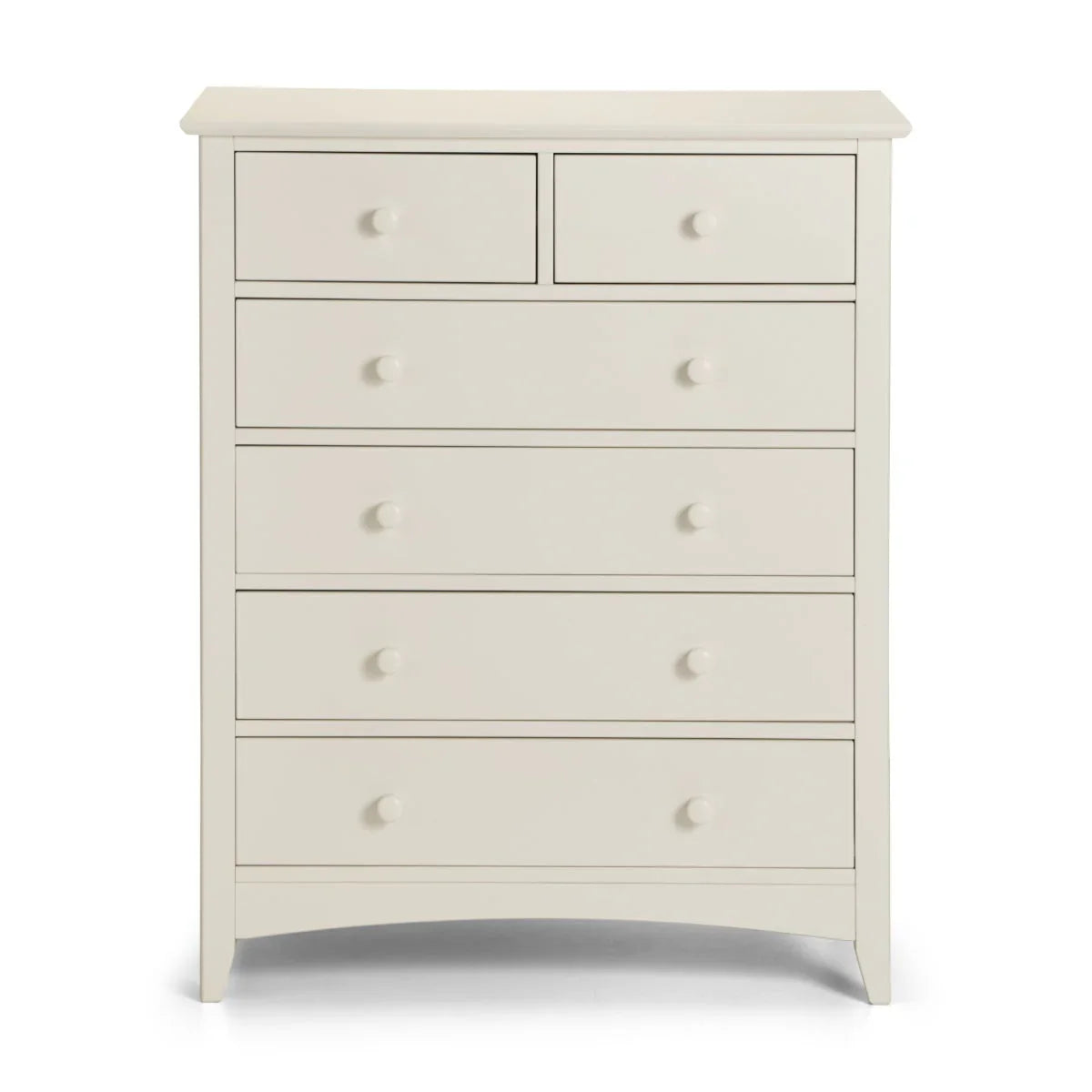 White wooden chest of drawers with six drawers and round handles, front view