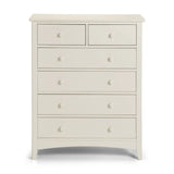 White wooden chest of drawers with six drawers and round handles, front view