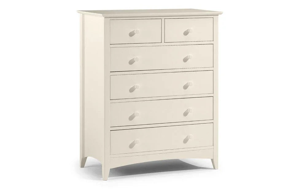 White wooden chest of drawers with six drawers and round handles on plain background