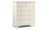 White wooden chest of drawers with six drawers and round handles on plain background