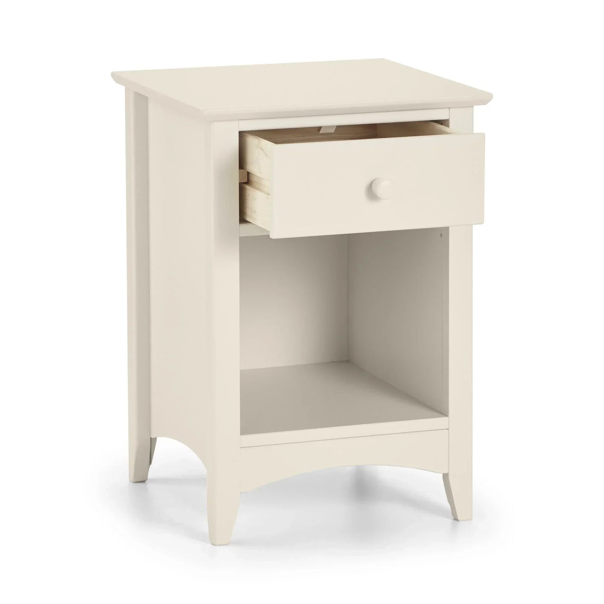 Cream bedside table with single drawer open and lower storage shelf