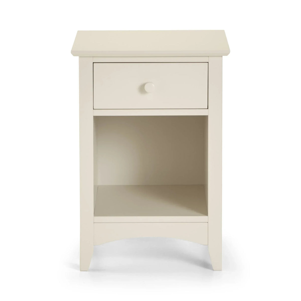 Cream bedside table with drawer and open lower shelf, front view