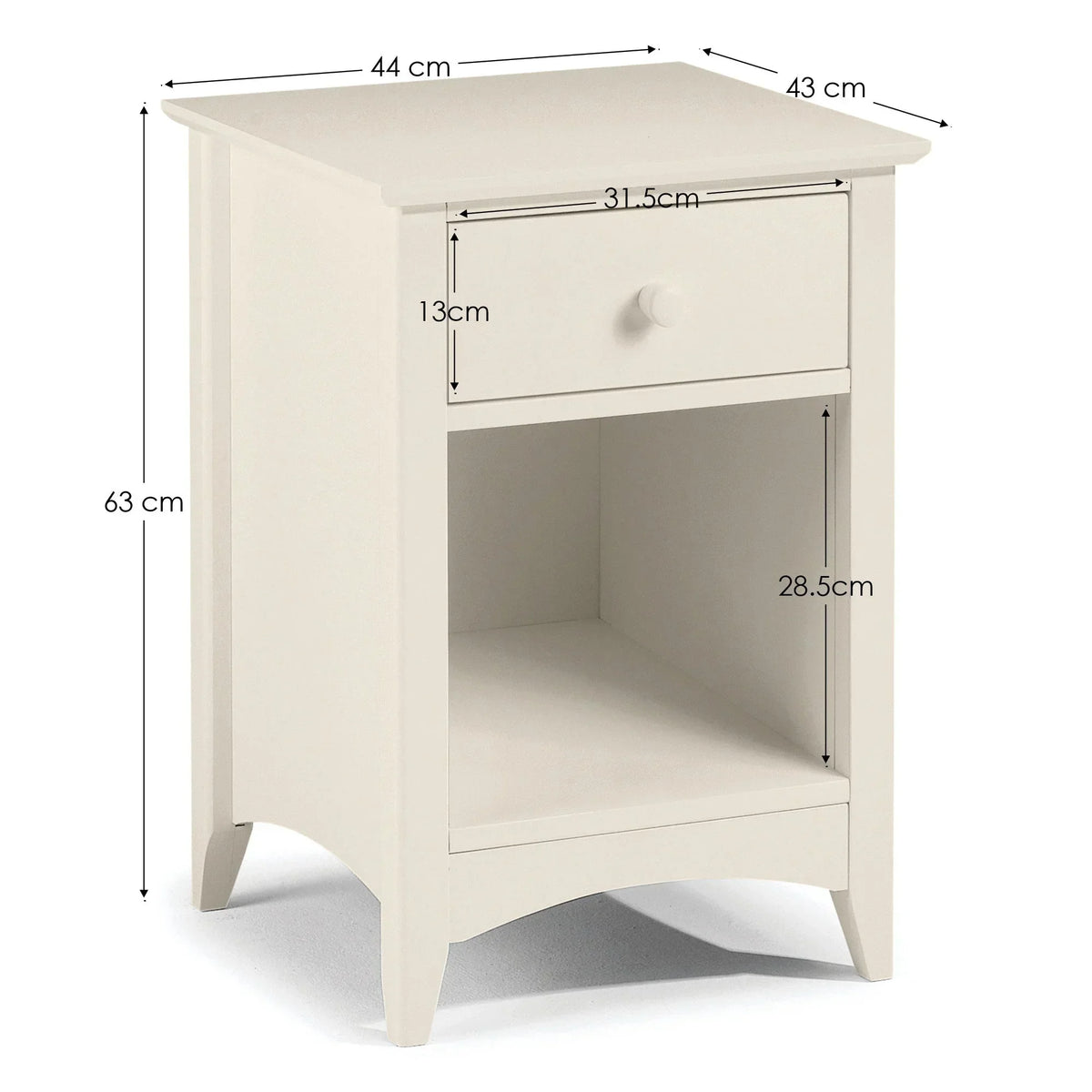 White wooden bedside table with drawer, open shelf and size measurements visible