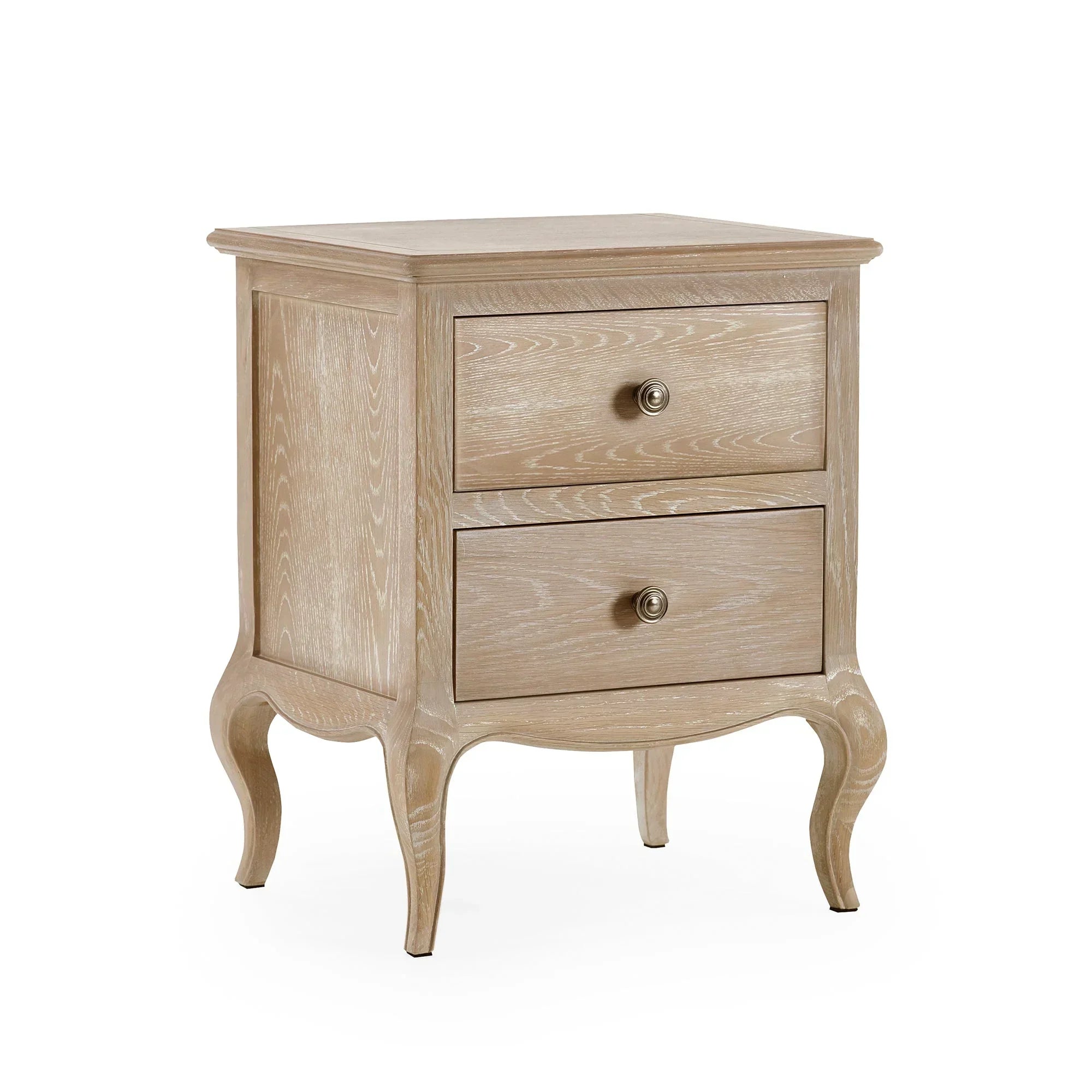 Light wood bedside table with two drawers and curved legs