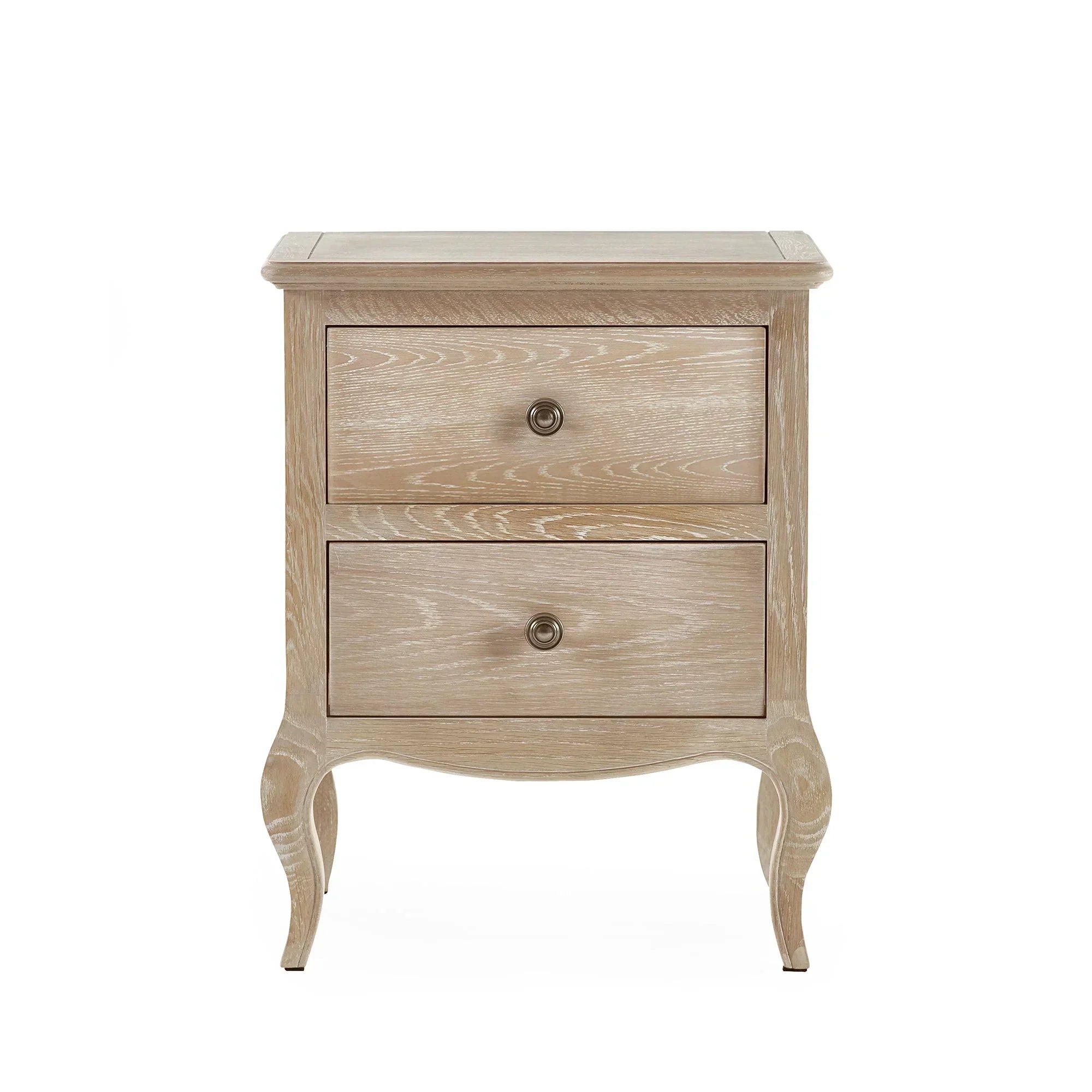 Two drawer wooden bedside table with curved legs and light oak finish