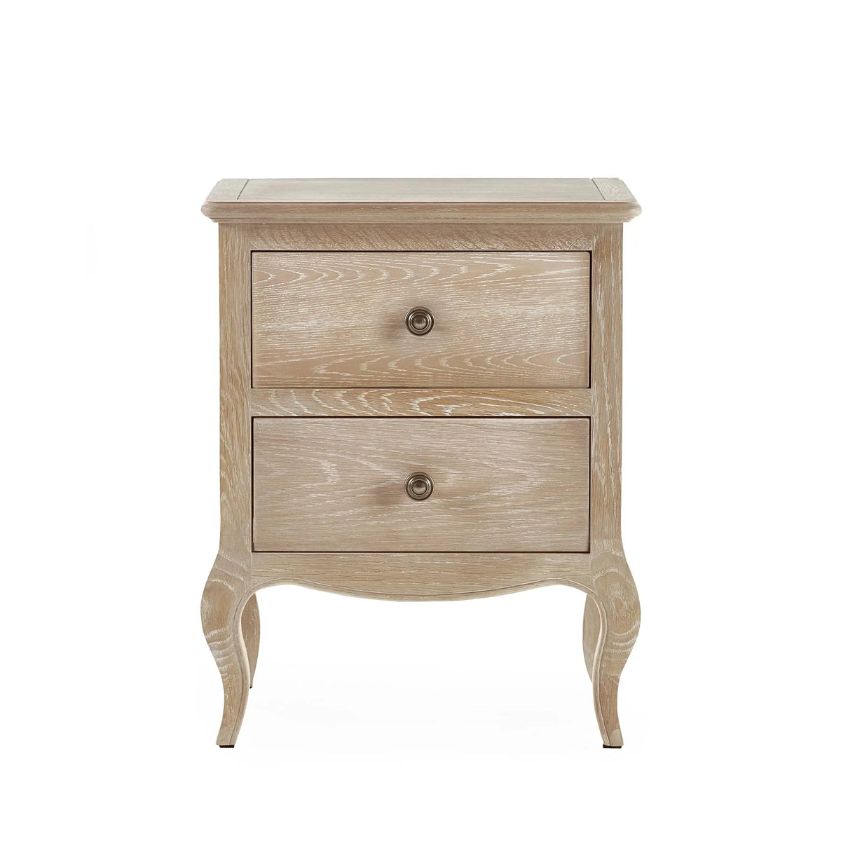 Two drawer wooden bedside table with curved legs and light oak finish