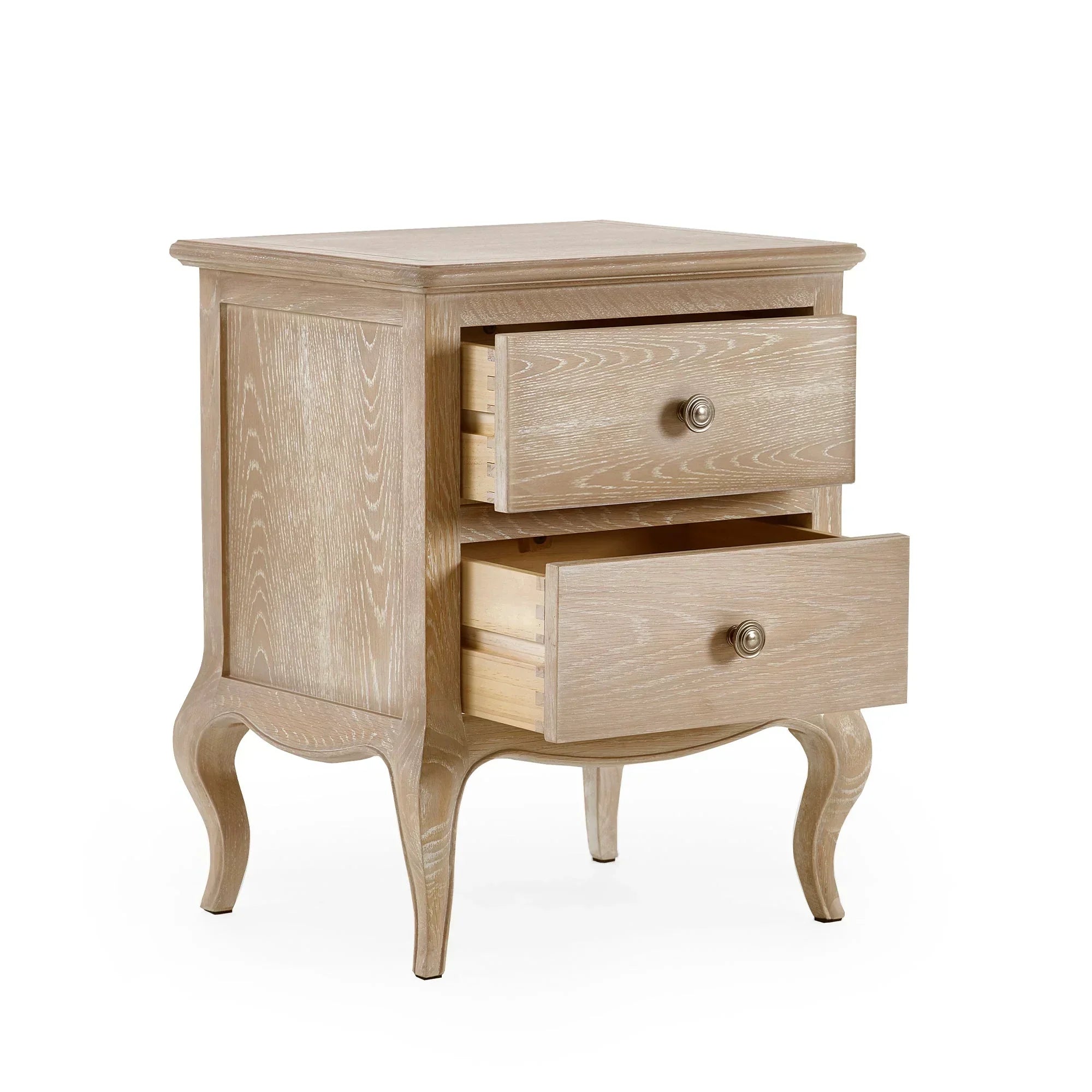 Oak bedside table with two open drawers and curved legs, light wood finish