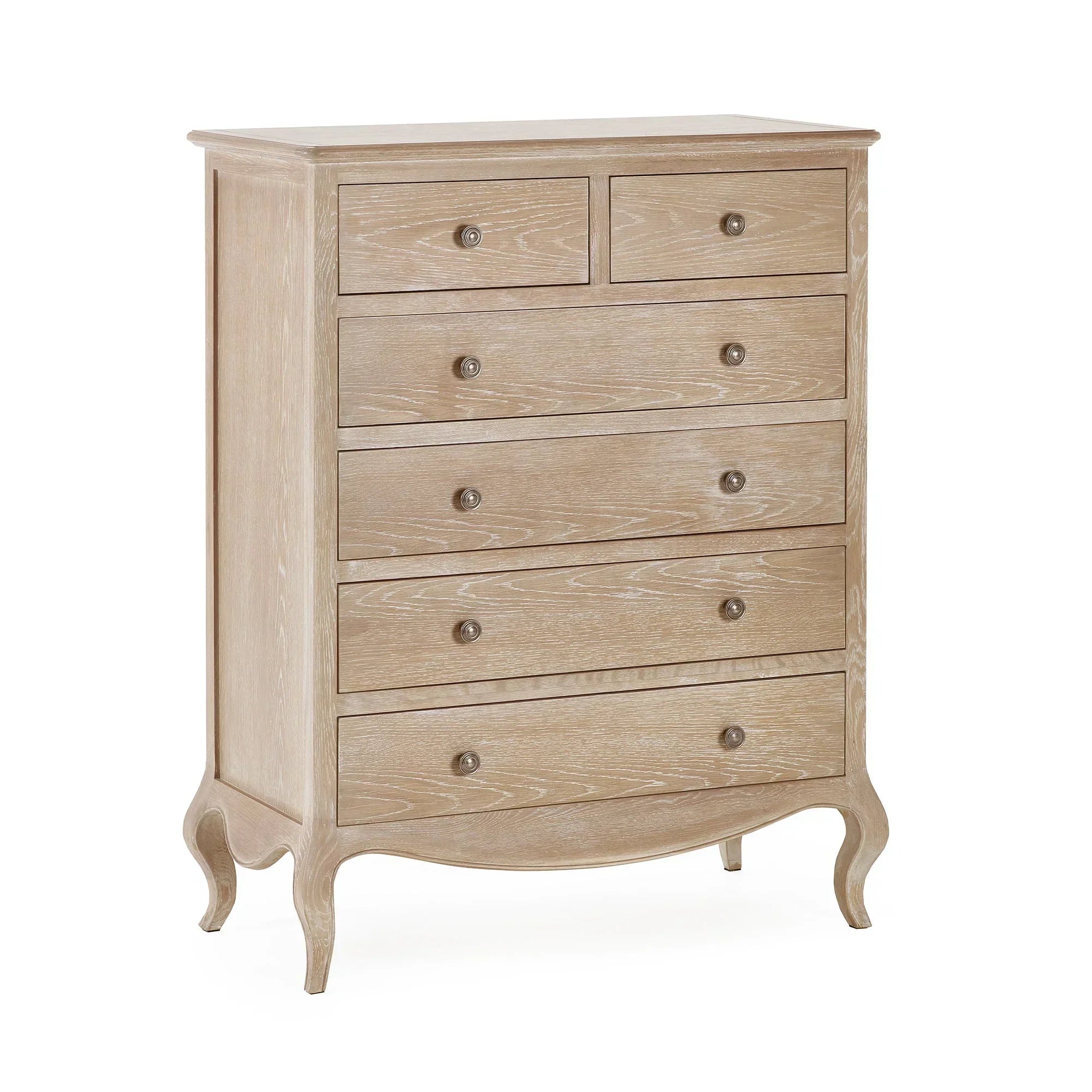 Oak chest of drawers with six handles and curved legs, shown at angle on white background