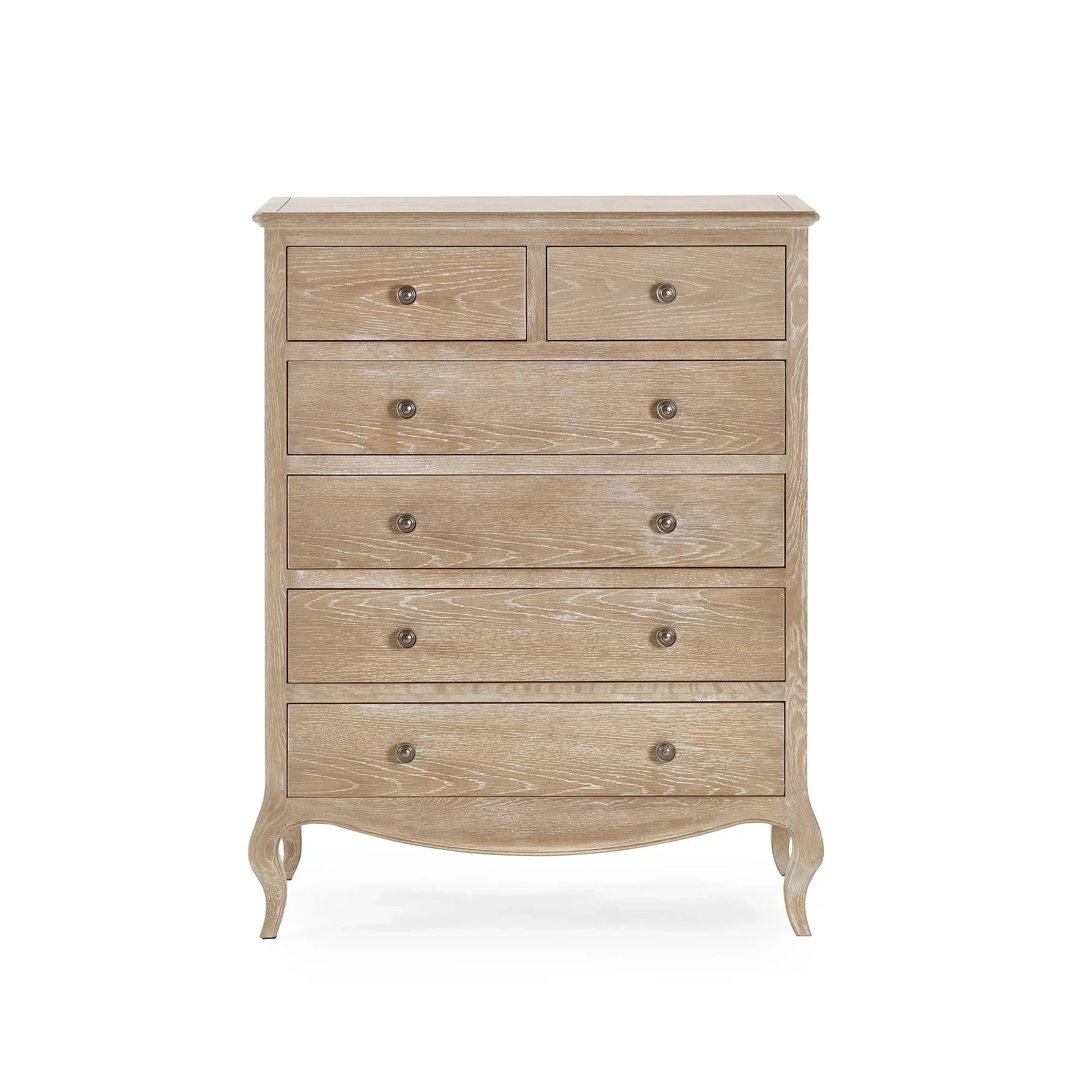 Oak finish chest of drawers with seven drawers and curved legs, front view