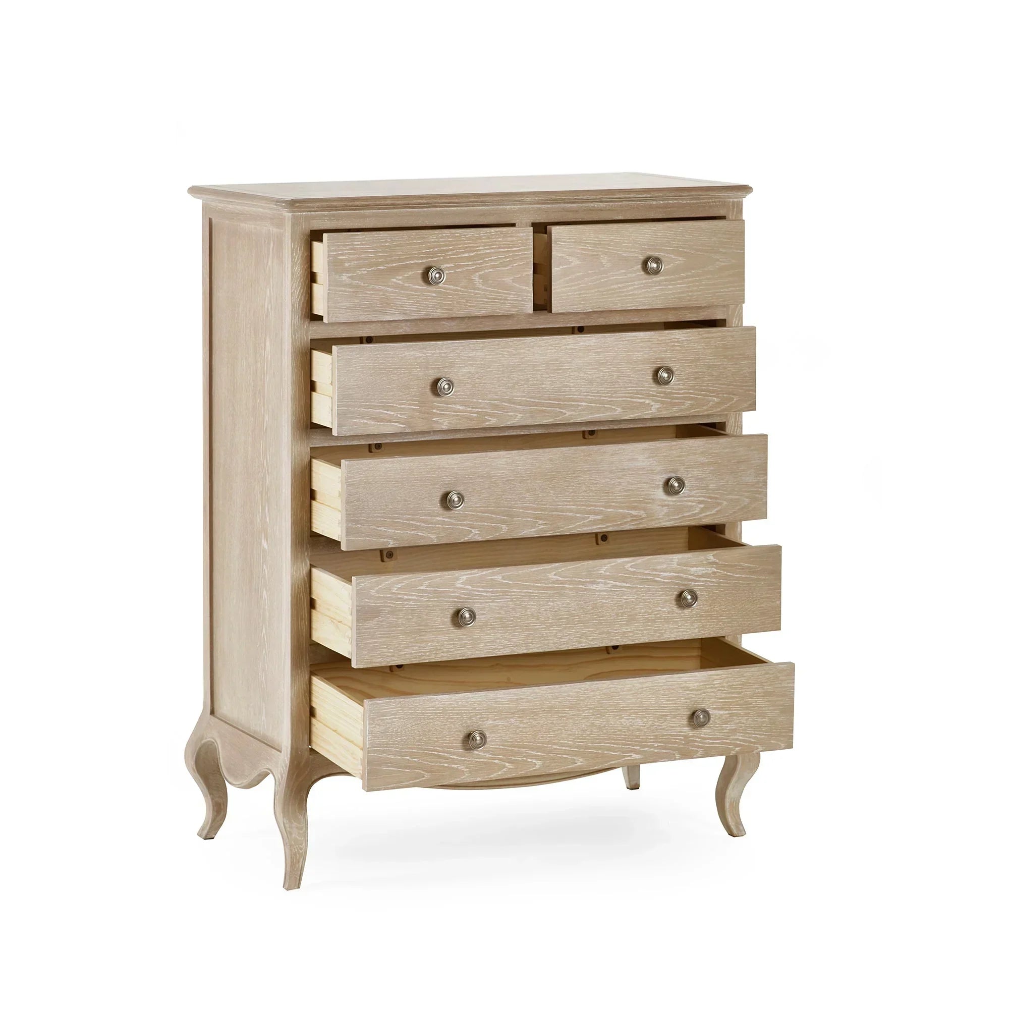 Light wood chest of drawers with six open drawers and curved legs