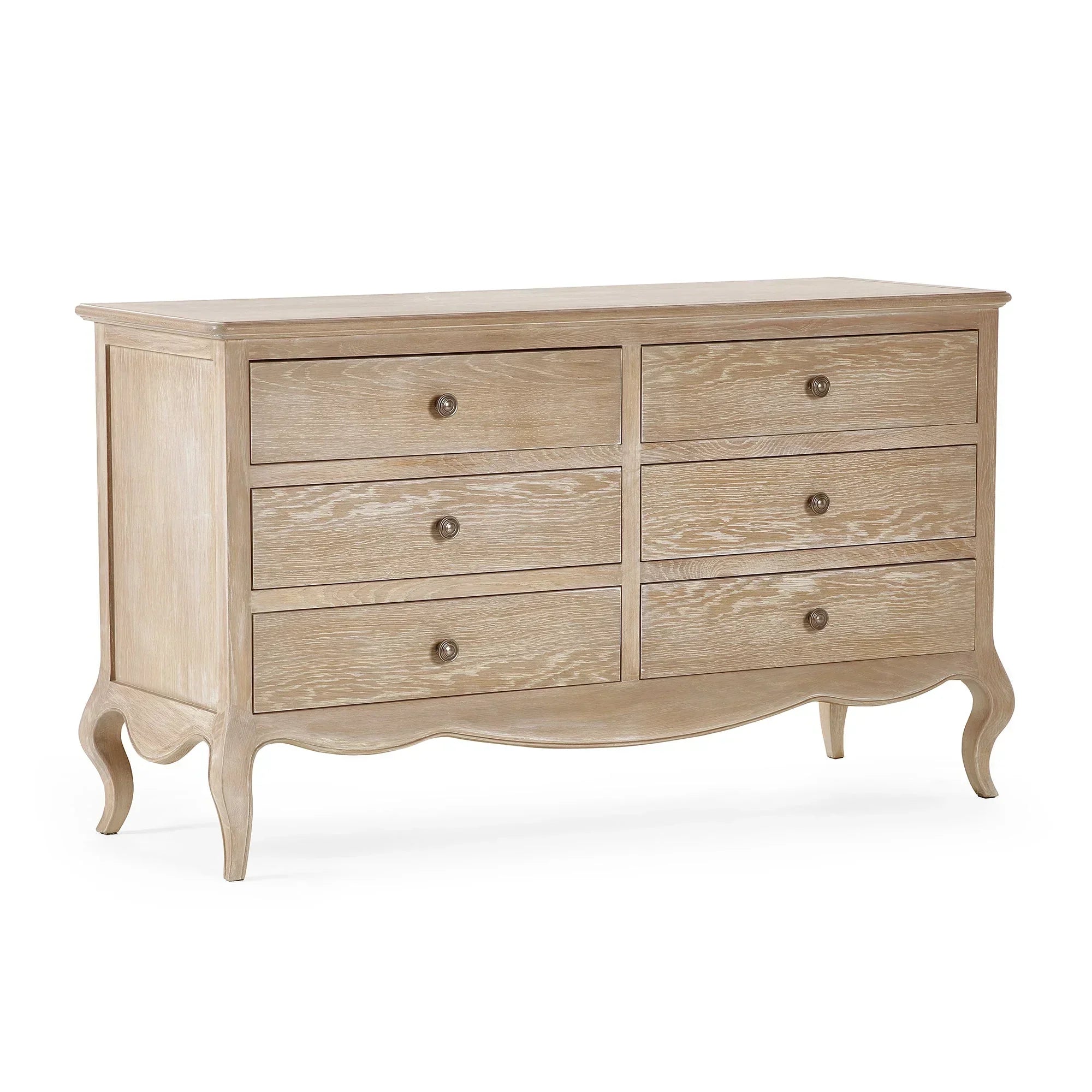 Light oak wooden chest of drawers with six drawers and curved legs
