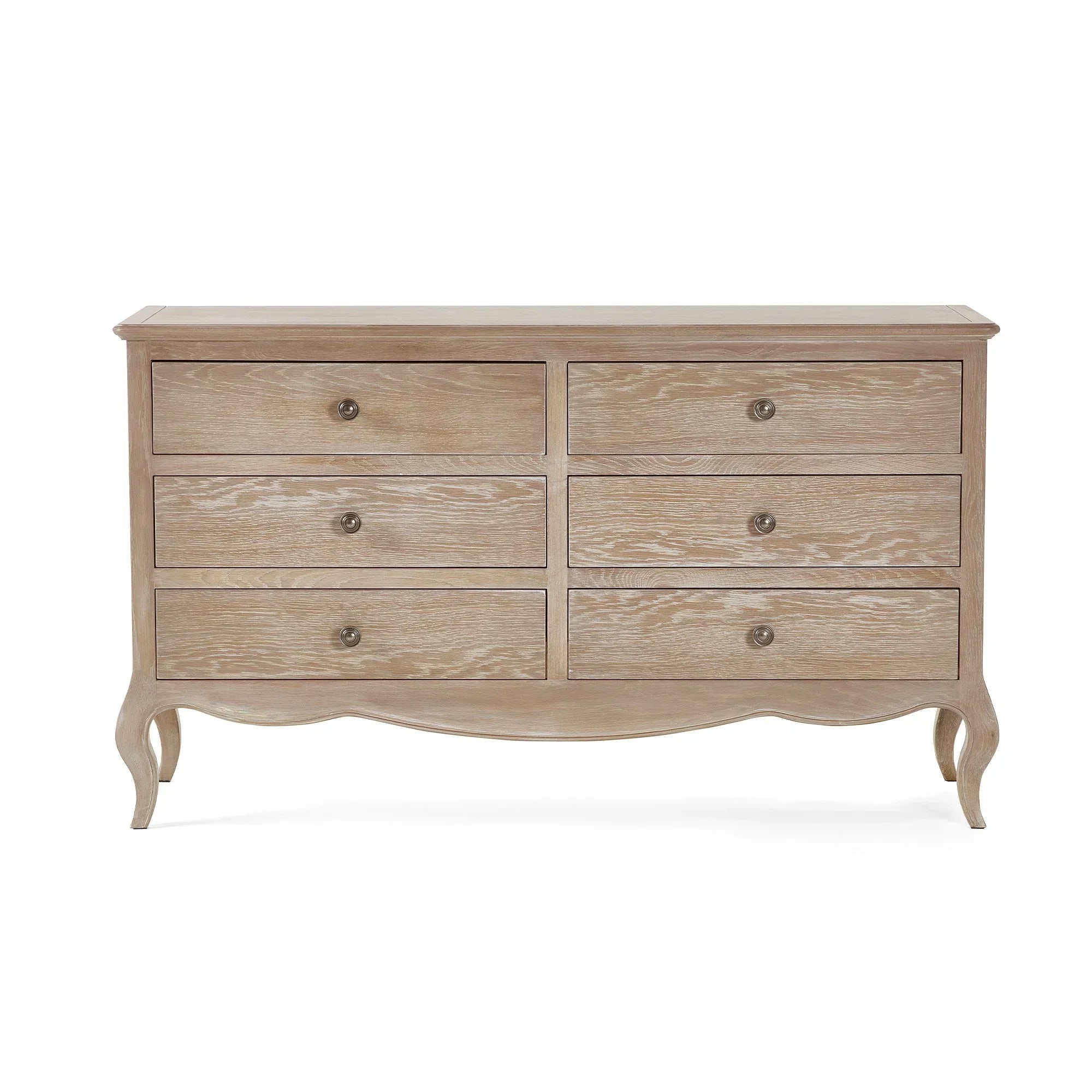 Light oak chest of drawers with six drawers and curved legs, shown from the front