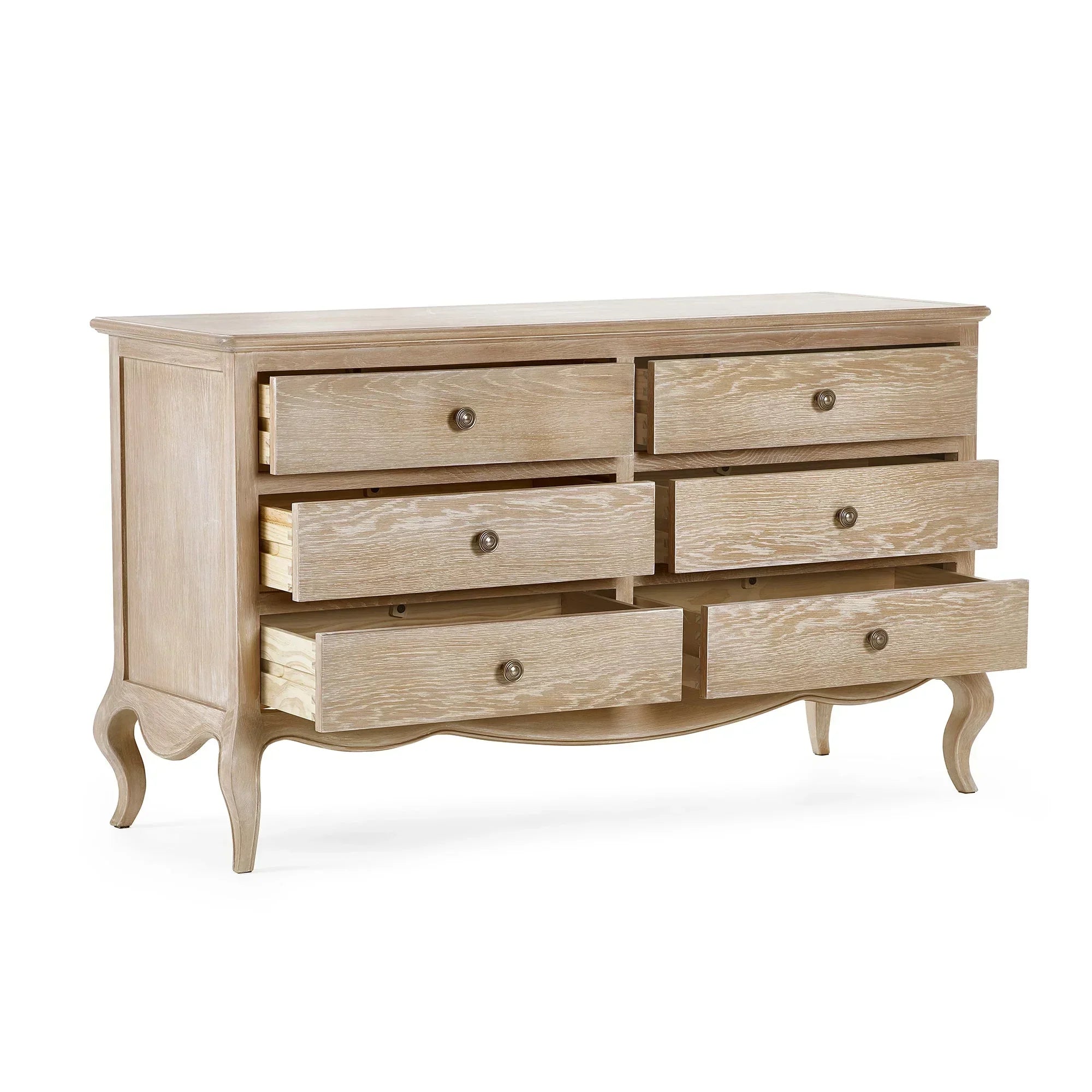 Oak wood chest of drawers with six open drawers and curved legs