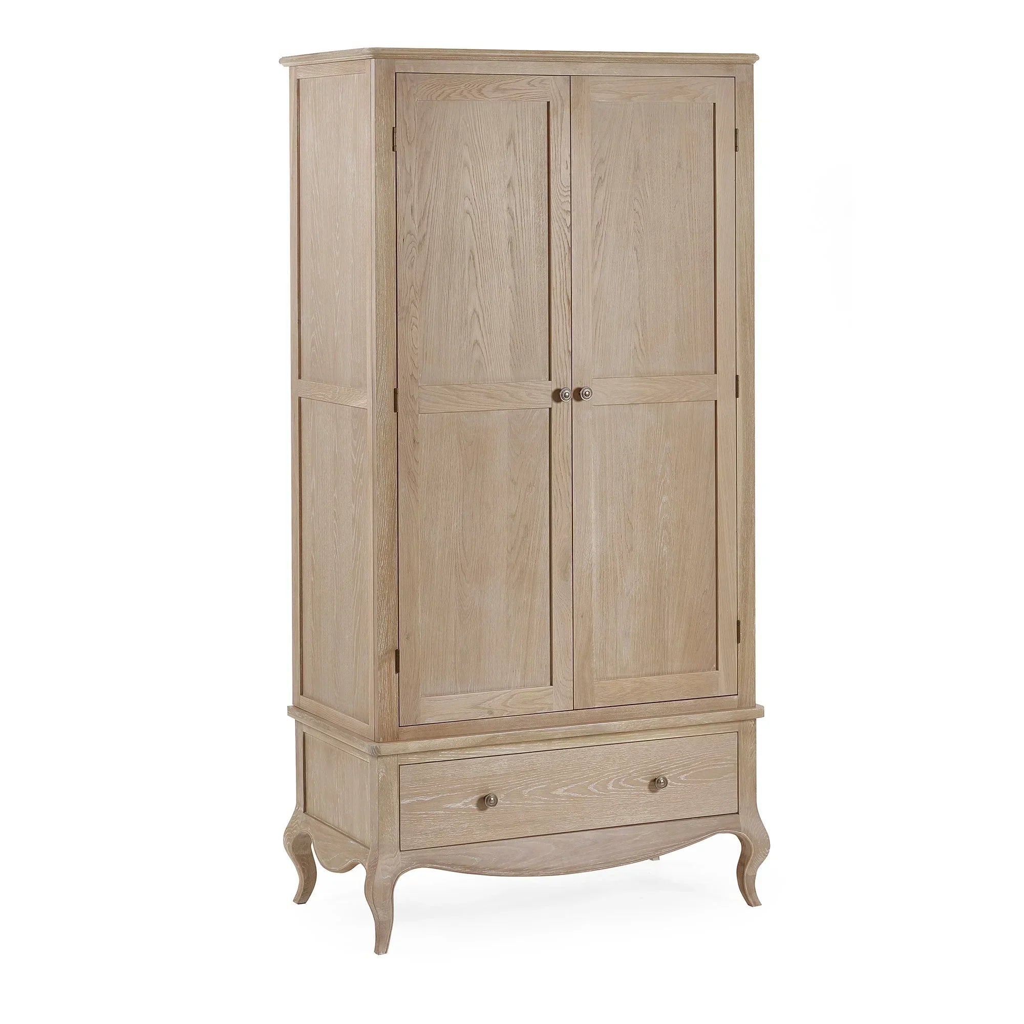 Light oak wooden wardrobe with two doors, lower drawer and curved legs