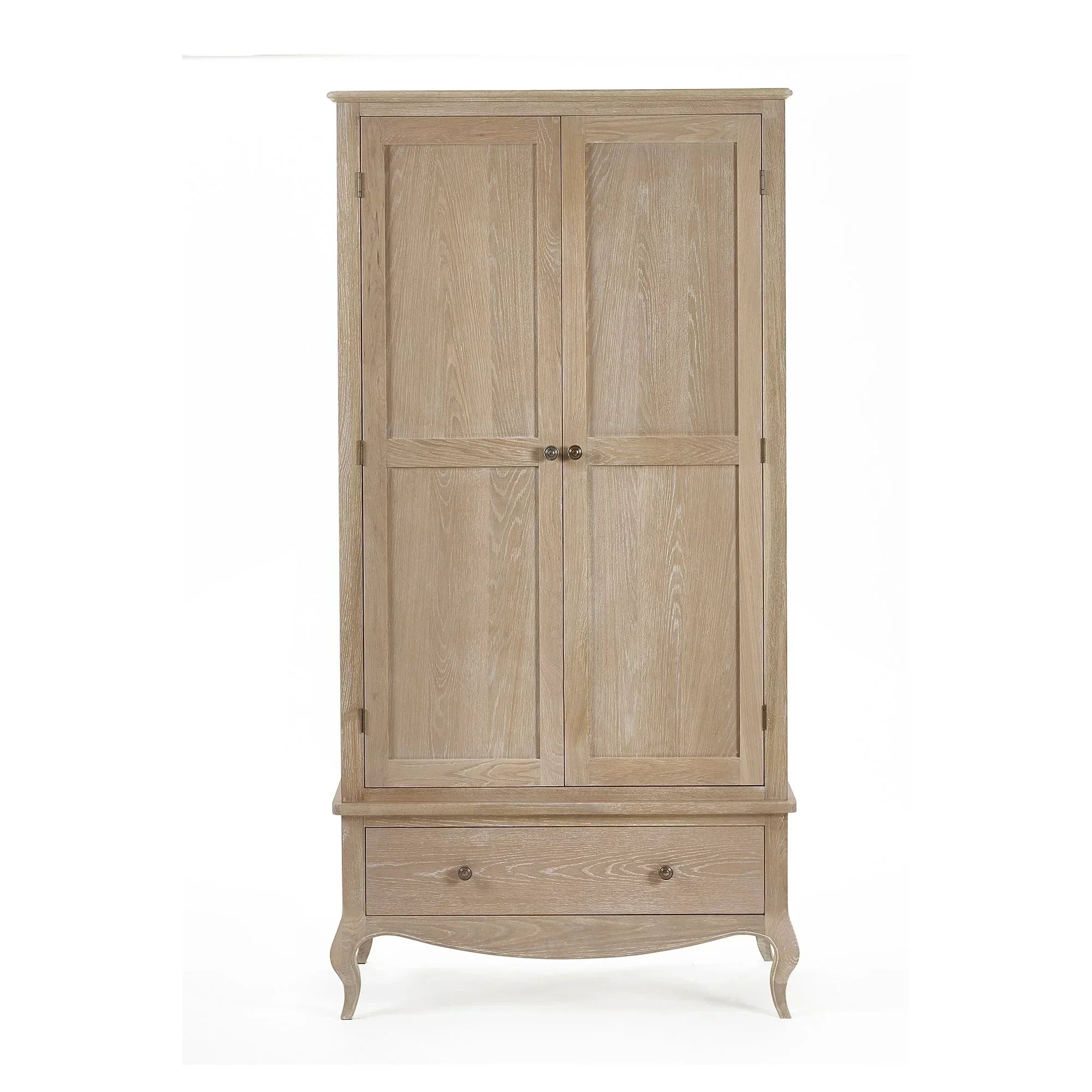 Light oak wardrobe with paneled double doors and single lower drawer on curved legs