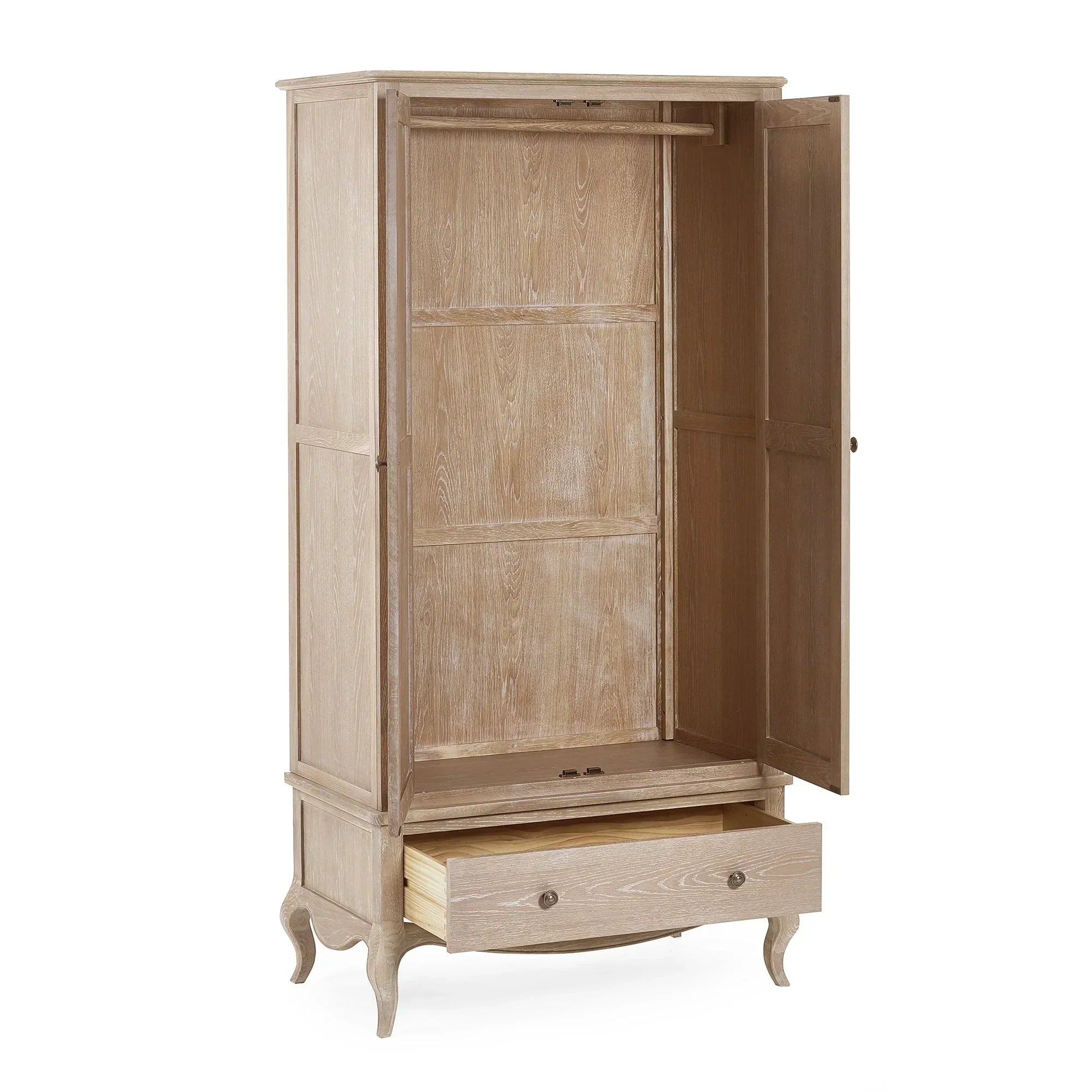 Light oak wardrobe with open doors, hanging rail, and lower drawer for bedroom storage