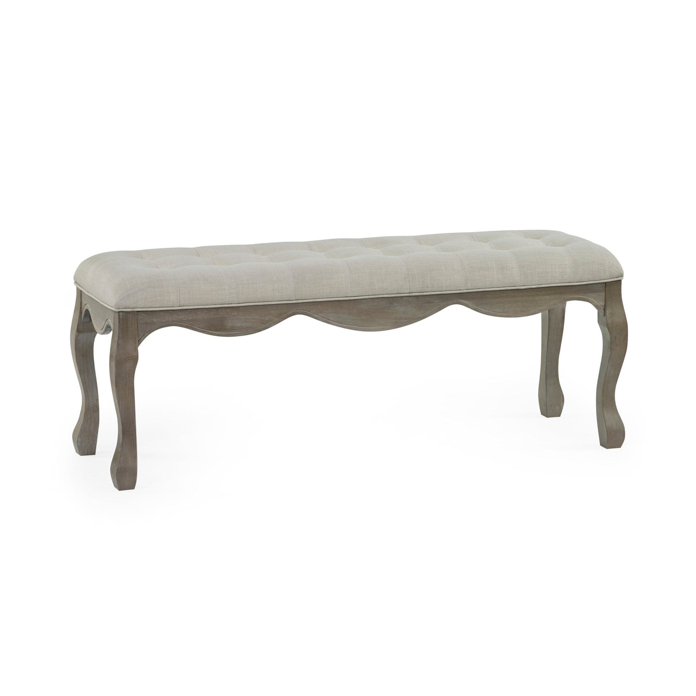 Tufted beige fabric bench with wavy carved natural wooden frame and cabriole legs on white background