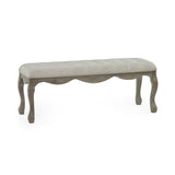 Tufted beige fabric bench with wavy carved natural wooden frame and cabriole legs on white background