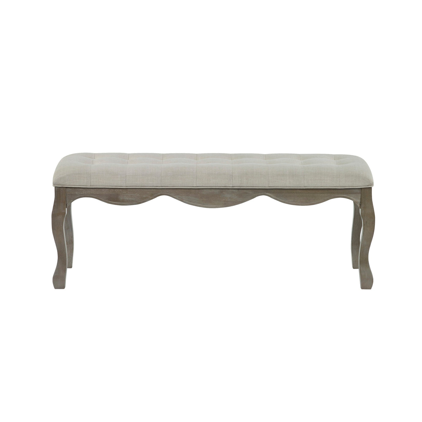 Front view of bench with light beige tufted fabric seat and natural wooden frame with wavy apron