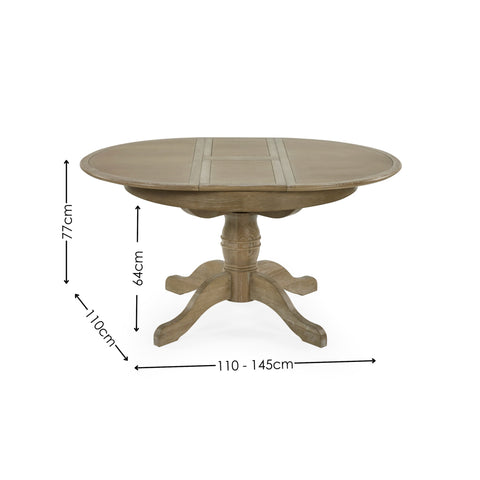 Light oak round extending table with dimensions shown, pedestal base, and extension closed