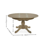 Light oak round extending table with dimensions shown, pedestal base, and extension closed