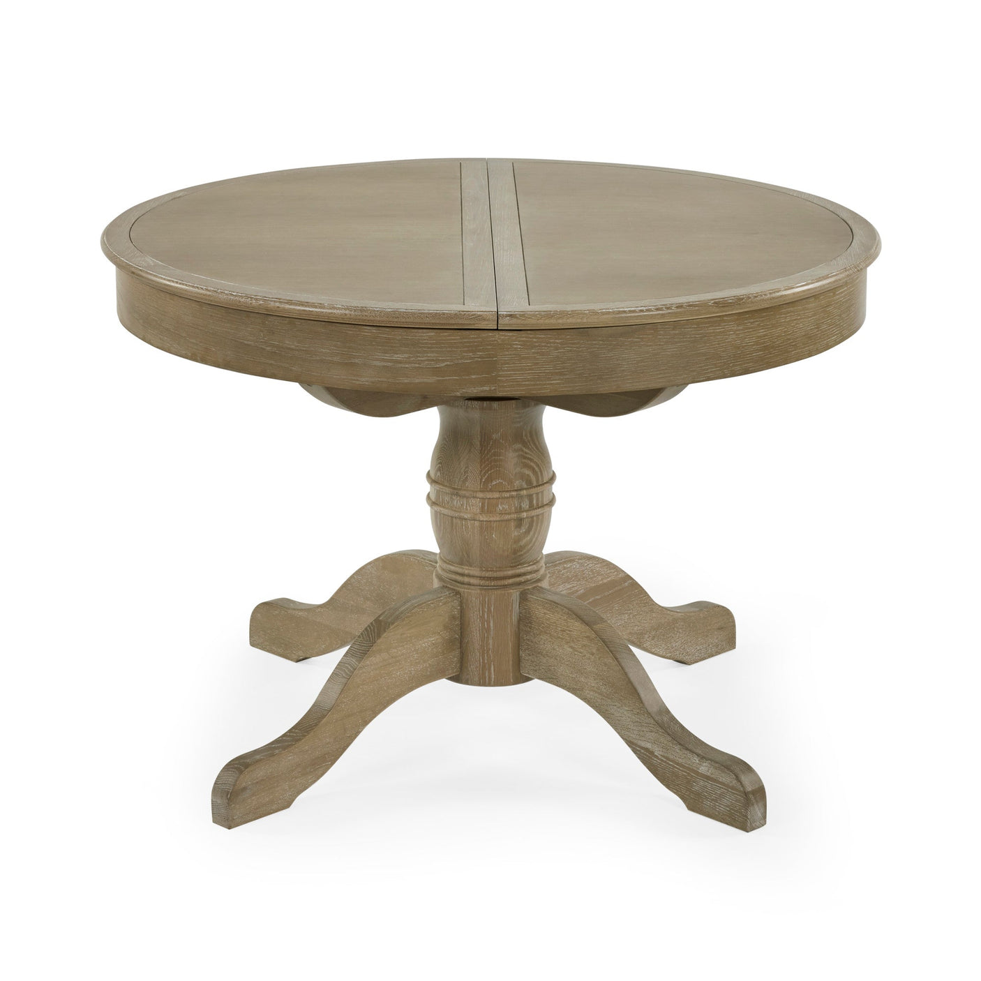 Round extending wooden table with light brown finish on white background, pedestal base with curved feet
