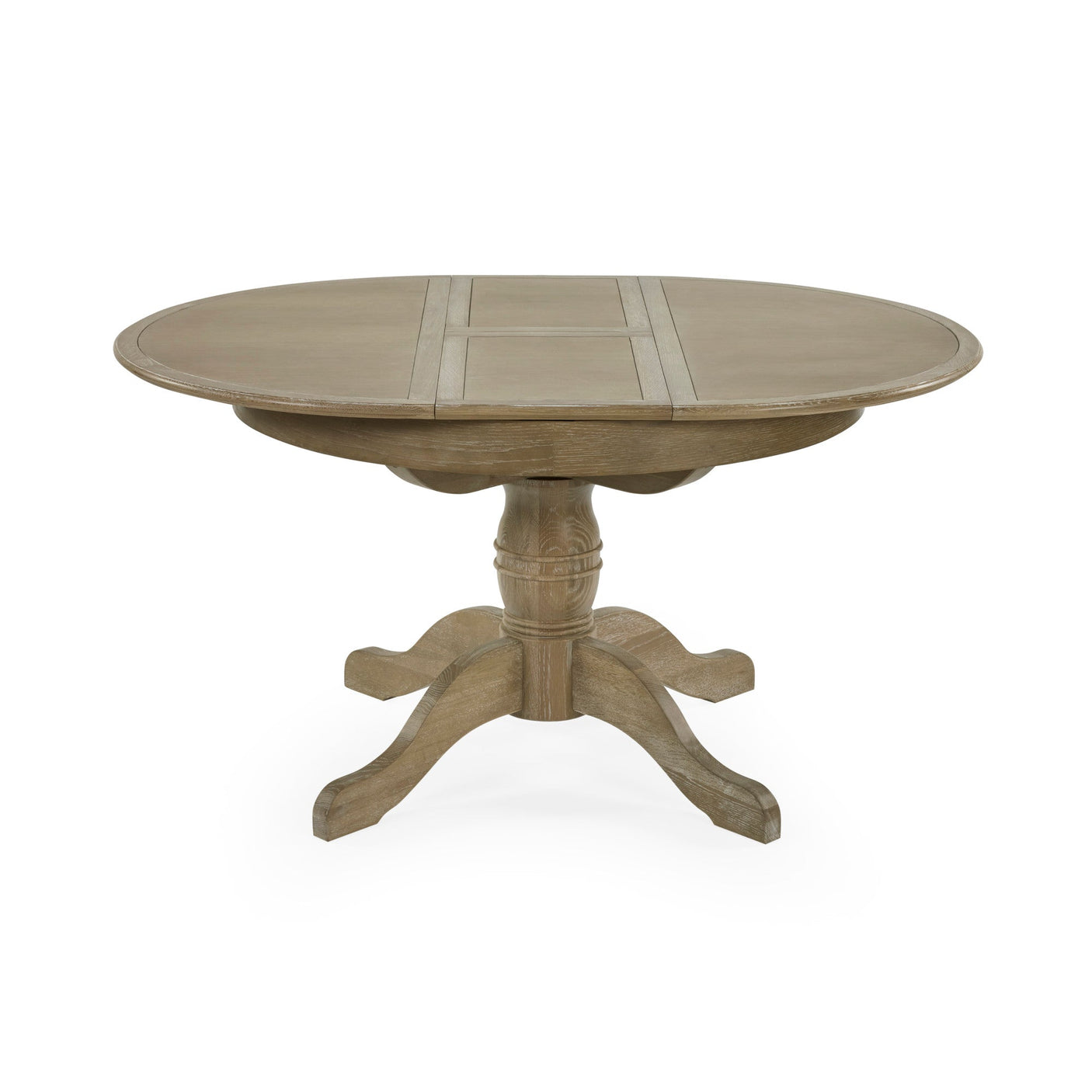Close-up of round wooden table extension top with natural grain, light brown finish