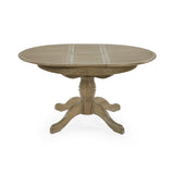 Close-up of round wooden table extension top with natural grain, light brown finish