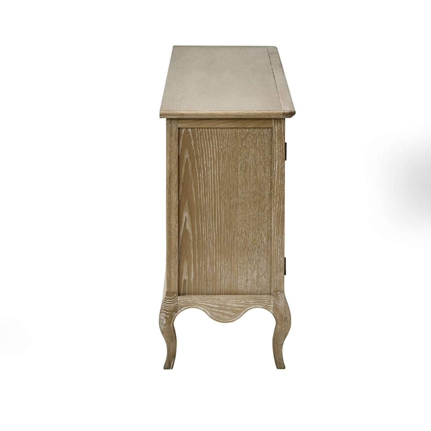 The Camille French Style 2 Door 2 Drawer Sideboard in limed oak features a smooth top and elegantly curved legs, showcasing a light, natural wood finish that enhances its classic design