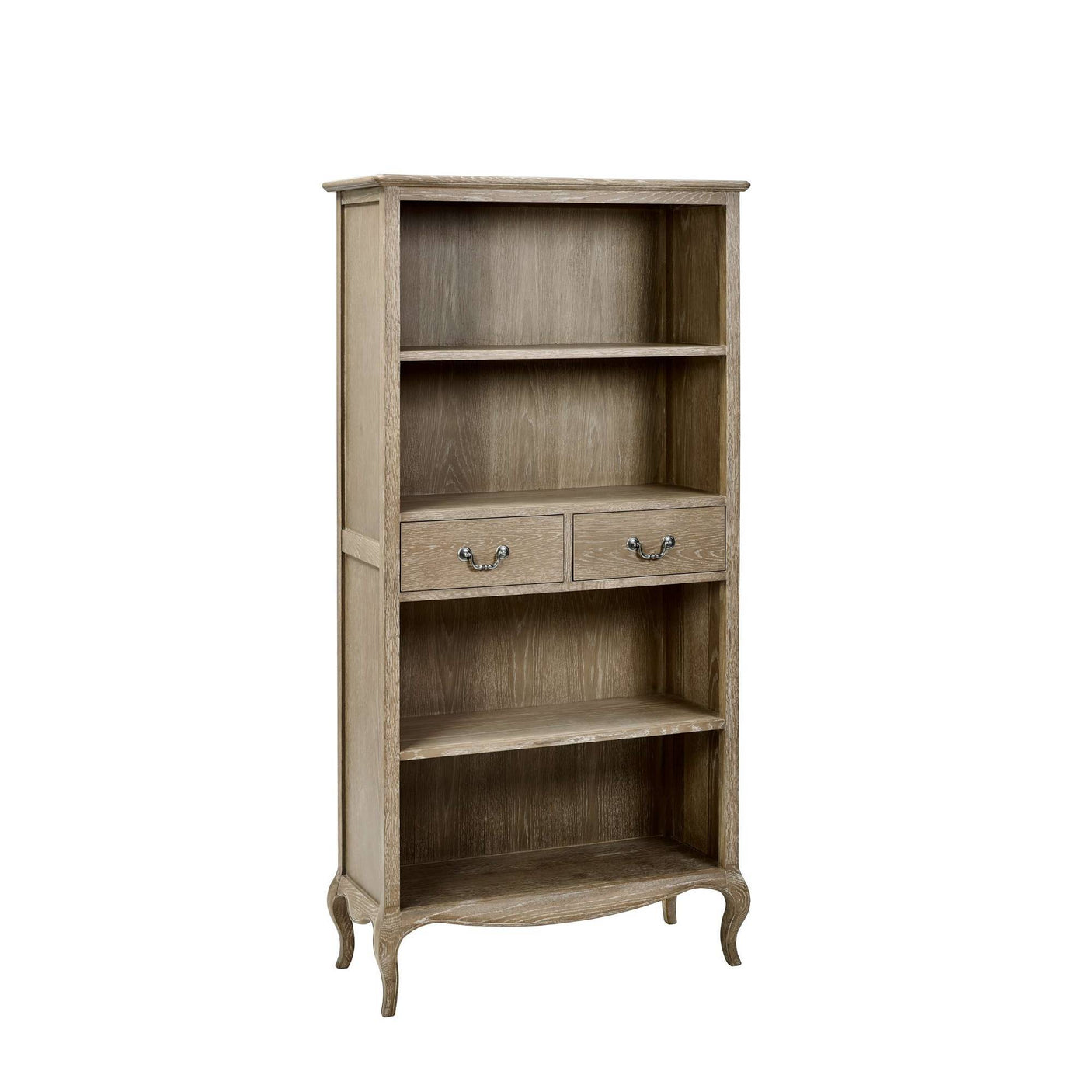 The Camille French Style Tall Bookcase features a limed oak finish with two drawers and three open shelves, elegantly designed with curved legs, perfect for displaying books and decor in a stylish living space