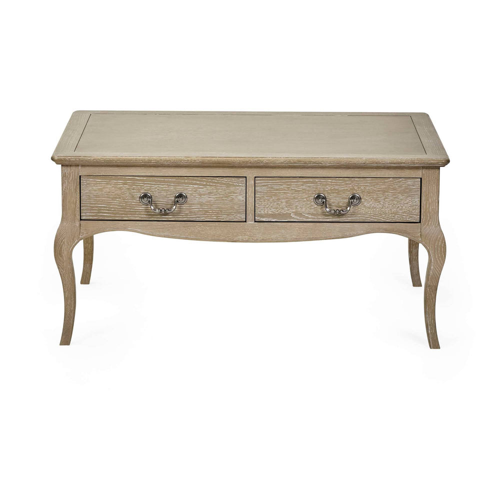The Camille French Style Rectangular Coffee Table features a limed oak finish with elegant curved legs and two decorative drawers, perfect for adding a touch of sophistication to any living room setting